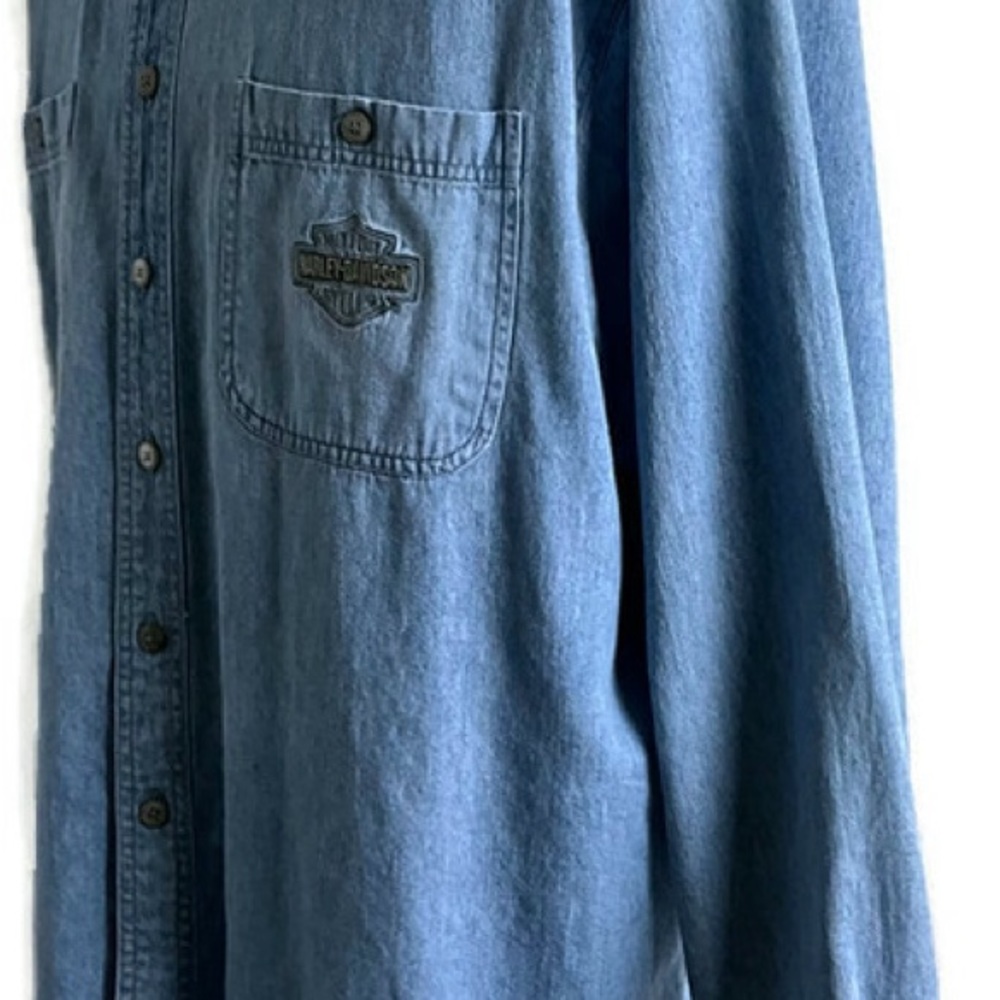 Vintage Harley Davidson Men’s Mandarin Collar Long Sleeve Shirt in Denim Blue - Picture 5 of 12